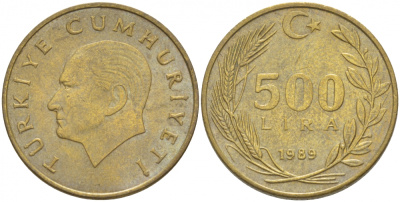 Турция 500 лир 1989 Кемаль Ататюрк KM 989 алюминиевая бронза 4402-1032
