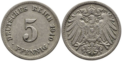 Германия 5 пфеннигов 1910 F KM 11, Jager 12, Weege 6 медно-никель 4547-518