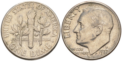 США 10 ЦЕНТОВ = 1 ДАЙМ 1977 D, РУЗВЕЛЬТ KM 195а медь плакированная медно-никелем 188-432