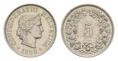 Швейцария 5 раппенов 1958 B KM 26 медно-никель 4532-665