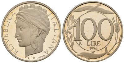 Италия 100 лир 1996 R KM 159 медно-никель PROOF 00-00