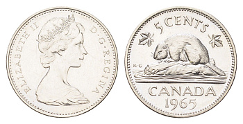 Канада 5 центов 1965 Елизавета II (1952-2022), бобр KM 60.1 никель PROOF-LIKE (BU) 4707-1125