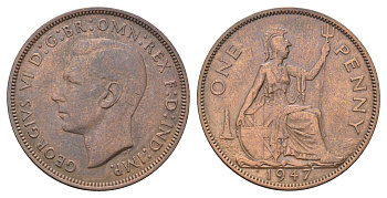 Великобритания 1 пенни 1947 Георг VI (1936-1952) KM 845, Spink 4114 бронза 4536-1125