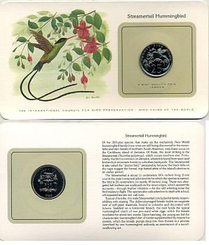 ЯМАЙКА 25 ЦЕНТОВ 1980 СЕРИЯ МОНЕТЫ МИРА С ИЗОБРАЖЕНИЕМ ПТИЦ, В ОРИГИНАЛЬНОМ БУКЛЕТЕ С ОПИСАНИЕМ KM 56 медно-никель UNC 5121-20