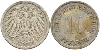 ГЕРМАНИЯ 10 ПФЕННИГОВ 1904 А KM 12, J. 13 медно-никель 210-643