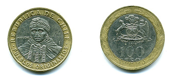 Чили 100 песо 2009 индейцы Мапуче KM 236 биметалл 29-1216