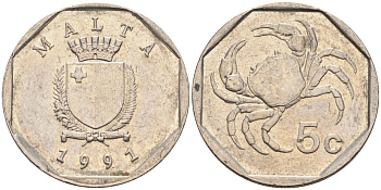 Мальта 5 центов 1991 краб KM 95 медно-никель 4564-543