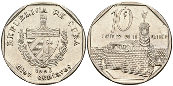 Куба 10 сентаво 1996 форт в Гаване Ла-Фуэрса KM 576.2 сталь плакированная никелем 4364-1535