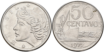 Бразилия 50 сентаво 1977 голова свободы влево KM 580b сталь  UNC  4603-217