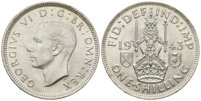 Великобритания 1 шиллинг 1943 Георг VI (1936-1952), Шотландский герб KM 854, Spink 4083 серебро aUNC 4619-827