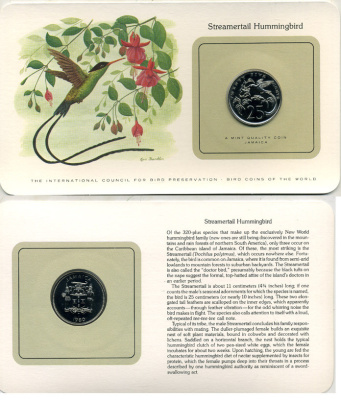 ЯМАЙКА 25 ЦЕНТОВ 1980 СЕРИЯ МОНЕТЫ МИРА С ИЗОБРАЖЕНИЕМ ПТИЦ, В ОРИГИНАЛЬНОМ БУКЛЕТЕ С ОПИСАНИЕМ KM 56 медно-никель UNC 5121-20