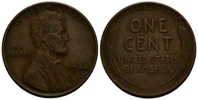 США 1 цент 1944 Линкольн KM A132 медь цинк 4164-833