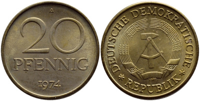 ГДР 20 пфеннигов 1974 А KM 11 латунь UNC 54-2411