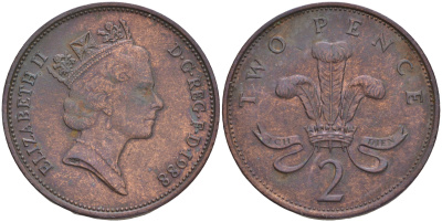 Великобритания 2 пенса 1988 Елизавета II (1952-2022) KM 936, Spink 4376 (C3) бронза 4561-554