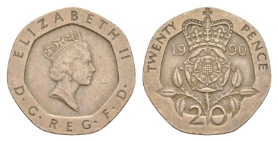 Великобритания 20 пенсов 1990 Елизавета II (1952-2022) KM 939, Spink 4361 (G2) медно-никель 4639-858