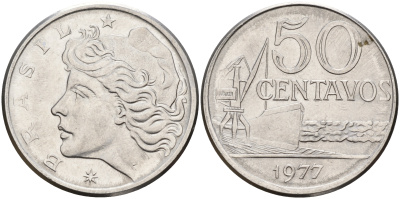 Бразилия 50 сентаво 1977 голова свободы влево KM 580b сталь  UNC  4603-217