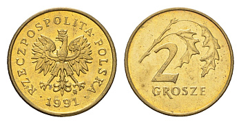 Польша 2 гроша 1991 Y 277 марганец латунь UNC 4674-943
