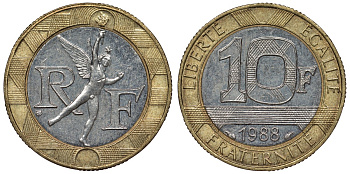 Франция 10 франков 1988 тип Гений Бастилии KM 964.1, Le Frank 375.2 биметалл 4128-511