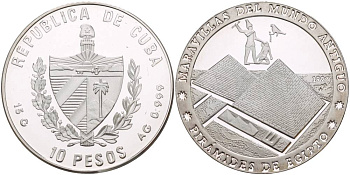 Куба 10 песо 1997 серия семь чудес света, пирамиды Гизы KM 597 серебро  PROOF  04-101-45