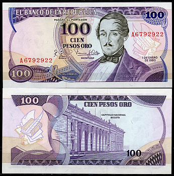 Колумбия 100 песо 1980 генерал Франсиско де Паула Сантандер, герой освободительной войны, в номере буква A Pick 418 c  бумага  UNC (пресс) 447-35-2