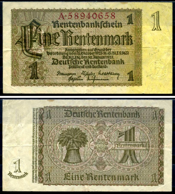 Германия 1 рентенмарка 1937 30 января 1937, восемь цифр в номере, серия A Pick 173 b, Rosenberg 166 b бумага 7376-35-3-2