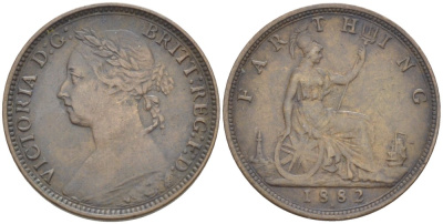 Великобритания 1 фартинг 1882 H, Виктория (1837-1901) KM 753, Spink 3959 бронза 4543-914