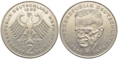 ФРГ 2 МАРКИ 1989 G, КУРТ ШУМАХЕР KM 149, J. 424 медно-никель плакированный никелем 3856-357