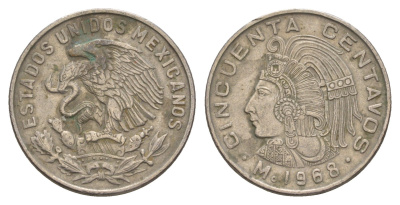 Мексика 50 сентаво 1968 Куаутемок, последний правитель империи ацтеков KM 451 медно-никель 4656-1157