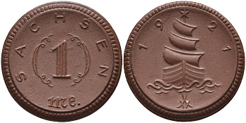 Саксония 1 марка 1921 парусник J. N 55 фарфор 1094-3-23