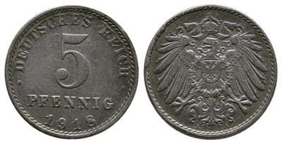 ГЕРМАНИЯ 5 ПФЕННИГОВ 1918 А KM 19, J. 297 железо 4380-147
