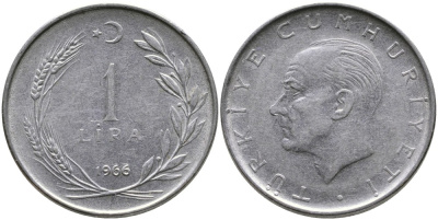 Турция 1 лира 1966 Мустафа Кемаль Ататюрк KM 889а.1 нержавеющая сталь 4541-1232