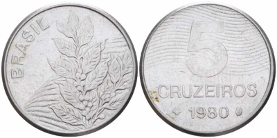 БРАЗИЛИЯ 5 КРУЗЕЙРО 1980 КОФЕ KM 591 нержавеющая сталь 108-1132