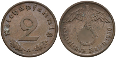 Германия 2 рейхспфеннига 1939 A KM 90, J. 362 бронза 4151-131