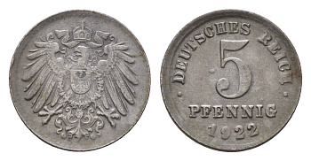 Германия 5 пфеннигов 1922 G KM 19, J. 297 железо плакированная цинком 4636-412