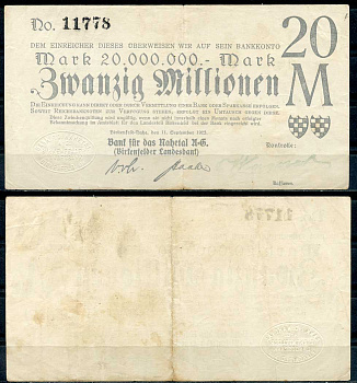Германия, Биркенфельд 20000000 марок 1923 нотгельд, 11.09.1923 бумага 444-106-2-2