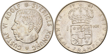 Швеция 1 крона 1961 U, Густав VI Адольф (1950-1973) KM 826 серебро 4582-427