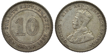 Стрейтс-Сетлментс 10 центов 1927 Георг V (1910-1936) КМ 29b серебро 53-614