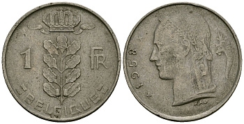 Бельгия 1 франк 1958 KM 142 медно-никель 4177-1037