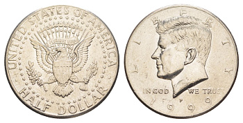 США 1/2 доллара (50 центов) 1999 P, Джон Кеннеди KM A202b медь плакированная медно-никелем aUNC 4517-922