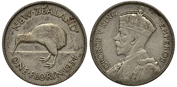 Новая Зеландия 1 флорин 1934 Георг V (1910-1936), птичка киви KM 4 серебро 272-1311