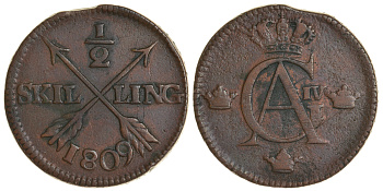 Швеция 1/2 скиллинга 1809 Густав IV Адольф (1792-1809) KM 565 медь 37-1035