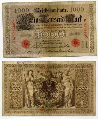 ГЕРМАНИЯ 1000 МАРОК 1910 КРАСНАЯ ПЕЧАТЬ, 6 ЦИФР В НОМЕРЕ Pick 44а бумага 8589-54-2-2