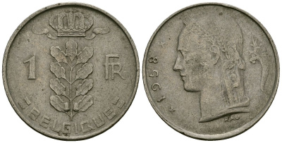 Бельгия 1 франк 1958 KM 142 медно-никель 4177-1037