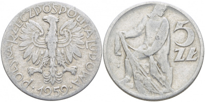Польша 5 злотых 1959 MW, рыбак KM 47 алюминий 32-814