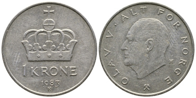 НОРВЕГИЯ 1 КРОНА 1983 ОЛАВ V KM 419 медно-никель 91-531