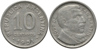 Аргентина 10 сентаво 1951 генерал Хосе де Сан Мартин KM 47 медно-никель 4396-236