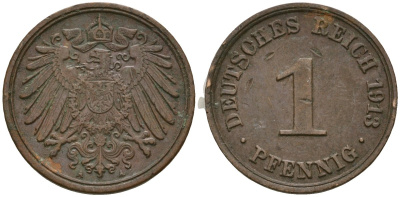 Германия 1 пфенниг 1913 A, Вильгельм II (1888-1918) KM 10, J. 10 медь 4608-123