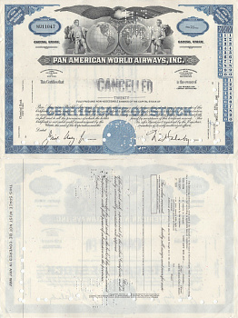 США, Pan American World Airways сертификат на 100 акций ND аннулированный бланк бумага 5553-25-2
