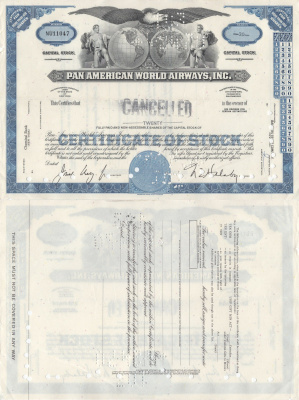 США, Pan American World Airways сертификат на 100 акций ND аннулированный бланк бумага 5553-25-2