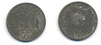 ГЕРМАНИЯ 10 ПФЕННИГОВ 1918 KM 26, J. 299 цинк 35-731